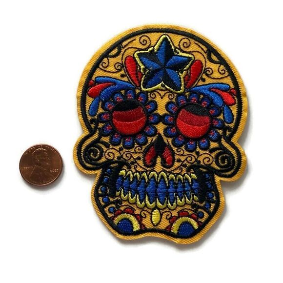 Yellow & Blue Calavera Embroidered Patch - Picture 2 of 5